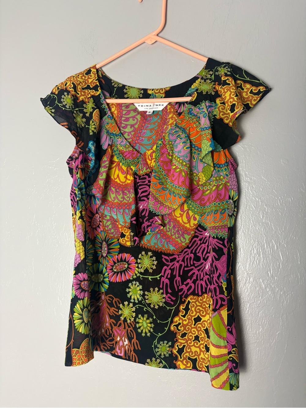 Trina Turk Black Multicolor Paisley Floral Flutter Sleeve Top